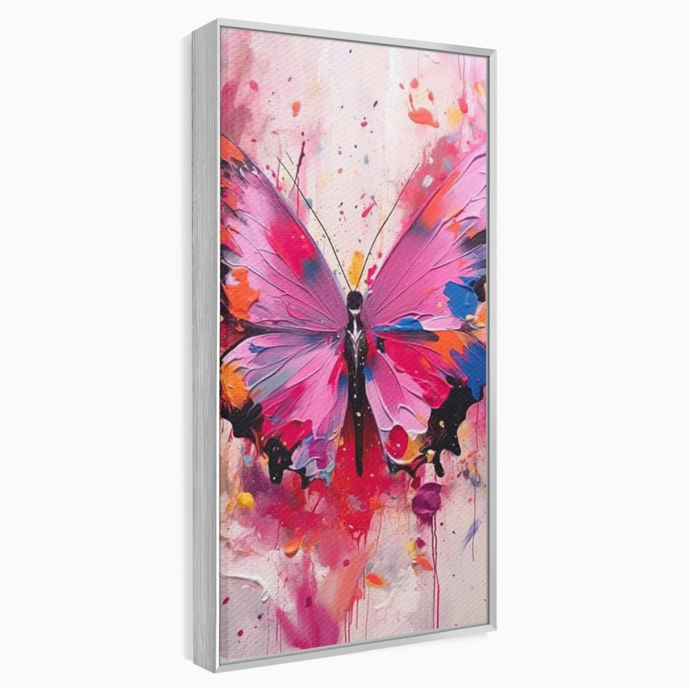 Tablou canvas cu pictura digitala cu fluture roz, in rama de aluminiu argintiu